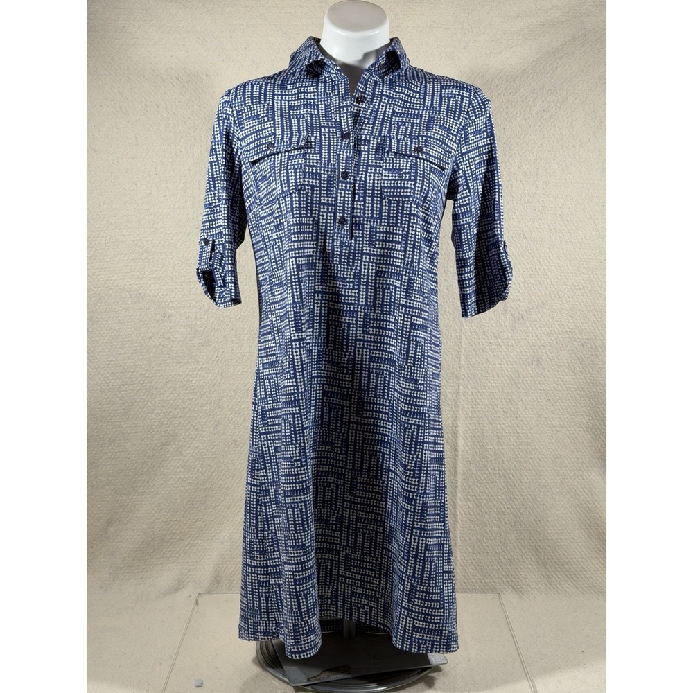 J McLaughlin Shirt Dress Womens Small Blue White Geometric Print Casual Summer